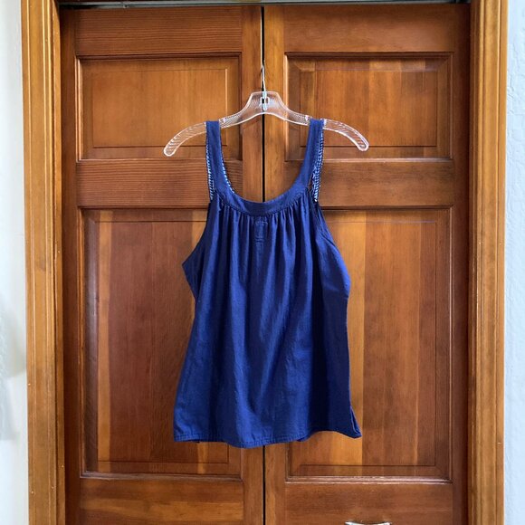 Free People Blue Tank Top Embroidered Green and Light BLue Flowers - Size Large - Picture 7 of 9